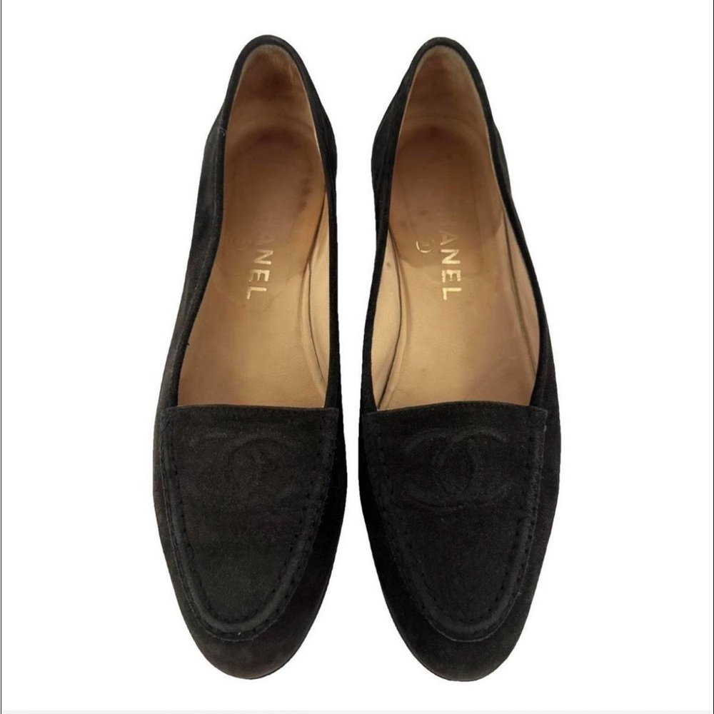 CHANEL Black Suede Loafers with Embossed sz8